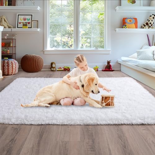 5x7 White Fluffy Rug for Bedroom Living Room Washable Non-Slip - Image 4