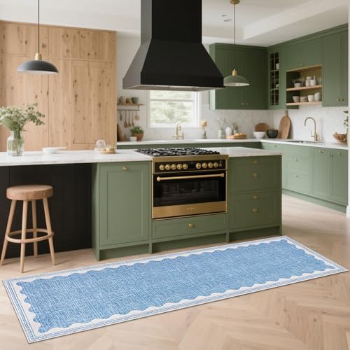 GarveeHome 2.5x8 Runner Rug for Hallway Washable Kitchen Rugs Non Slip Solid Blue Modern Minimalism Soft Low-Pile Scalloped Indoor Carpet for Entryway Laundry Room Floor Mats - Image 4