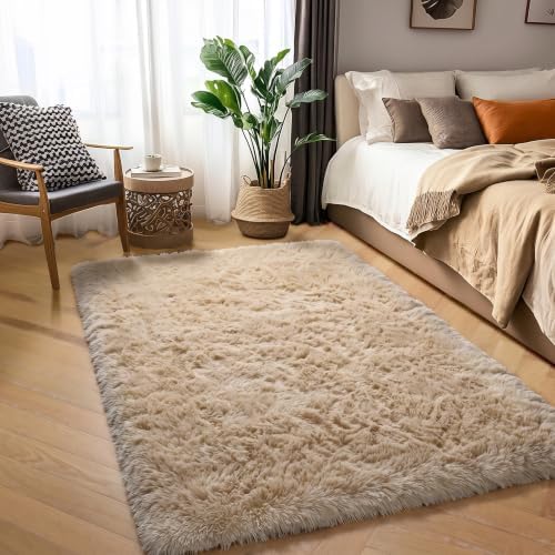 Amdrebio Beige Boho Furry Small Area Rug 3x5 for Kids Bedroom Nursery Dorm - Image 3