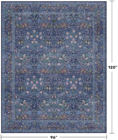 Hazo Haus Dark Blue Living Room Rug 8x10, Vintage Floral Washable Area Rugs for Bedroom, Dining Room Under Kitchen Table, Oriental Low Pile Stain Resistant Non-Slip Large Navy Indoor Decor - Image 2