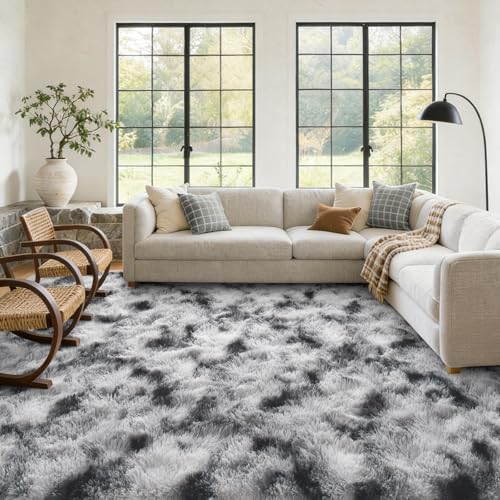 6x9 Large Fluffy Area Rugs Non-Slip for Living Room Tie-Dyed Black White - Image 4