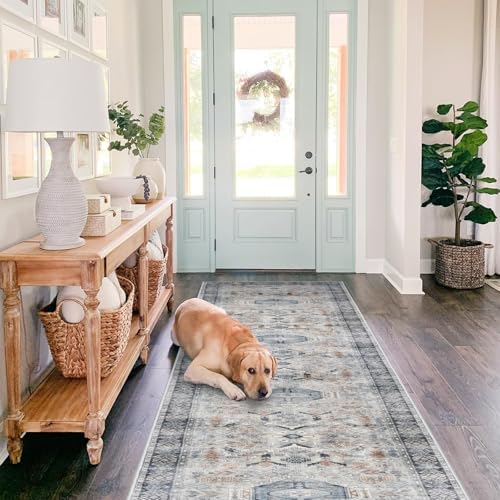 RUUGME Washable Runner Rug 2.6'x12' - Vintage Kitchen Area Rug Stain Resistant Rugs for Living Room Bedroom Laundry Room Mat Distressed Rug Hallway Floor Carpet Runner for Bathroom(Grey/Blue) - Image 2