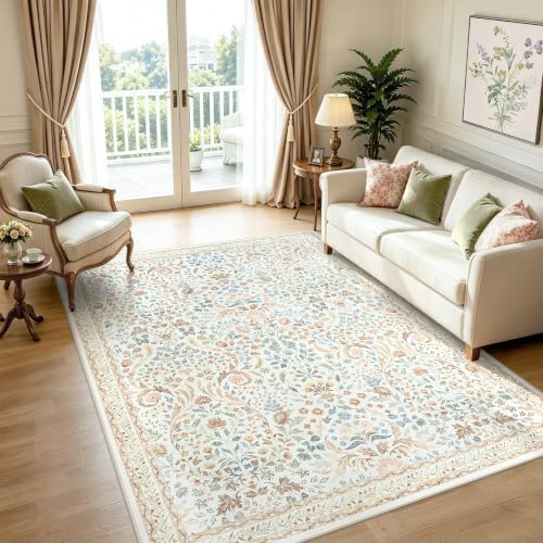 Tosuoka 5x7 Washable Area Rug Vintage Floral Boho Beige Neutral Carpet by Tosuoka