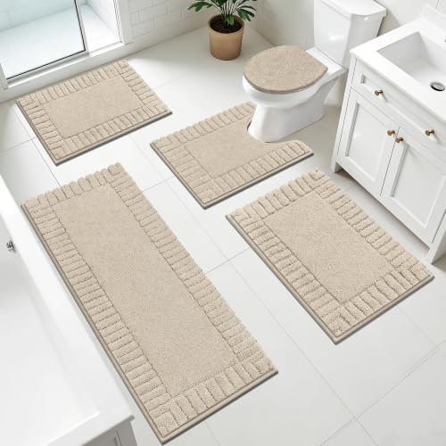 Pauwer Bathroom Rugs Set 5 Piece, Microfiber Bath Mat Set, Light Beige by Pauwer
