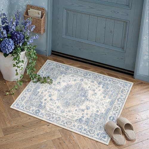 PureCozy Blue Area Rug 2x3 Entryway Vintage Floral Non-Slip Door Mat by PureCozy