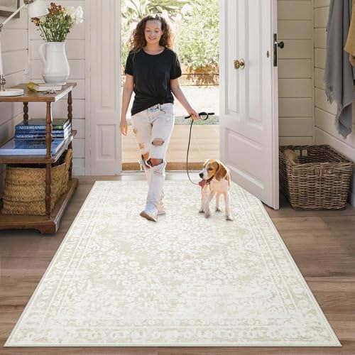 Area Rug 3x5 Entryway Rugs - Machine Washable Vintage Boho Area Rug Non-Slip Kitchen Rugs Soft Stain Resistant Indoor Door Mat, Small Floral Throw Rug for Entrance Hallway Bedroom(Cream Beige, 3'x5') by AOYAOMI