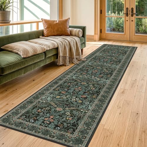 2x10 Long Hallwag Runner Rug 10ft, Washable Dark Green Indoor Floor Mats for Entryway Non Slip, Flower & Botanical Pattern Stain Resistant Carpet - Image 3