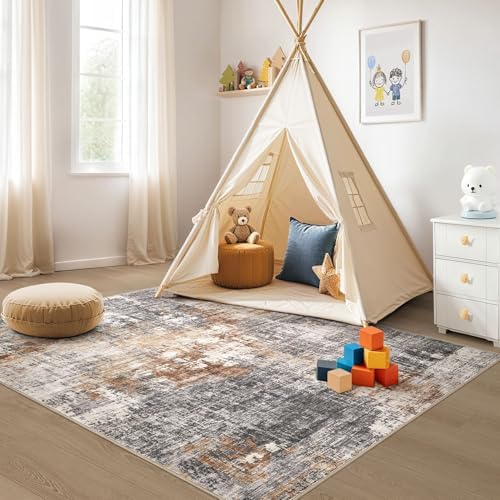 DMOYEST Area Rug Living Room Rugs - 4x6 Abstract Small Soft Indoor Washable Rug Neutral Modern Low Pile Carpet for Bedroom Dining Room Farmhouse Home Office - Grey Brown - Image 5
