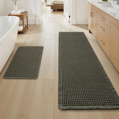 Upgraded Waffle Bath Mat Set of 2 Absorbent Bathroom Mat 17"x24" + 17"x48" by AMOAMI