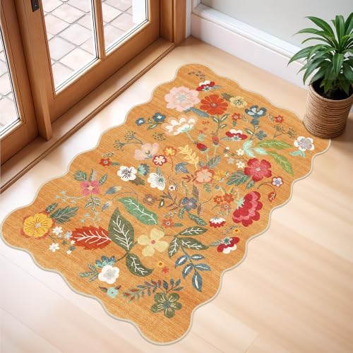2x3 Washable Area Rug for Entryway: Non Slip Floral Small Runner Rug Orange by BYYVOORugsforYourHome