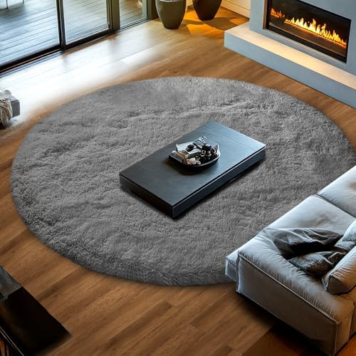 Topmaxcs Grey Round Fluffy Rug 8Ft: Shag Circle Living Room Rugs - Image 3