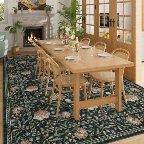 DUKINO 9x12 Area Rug for Living Room Vintage Floral Washable Rug Dark Green - Image 5