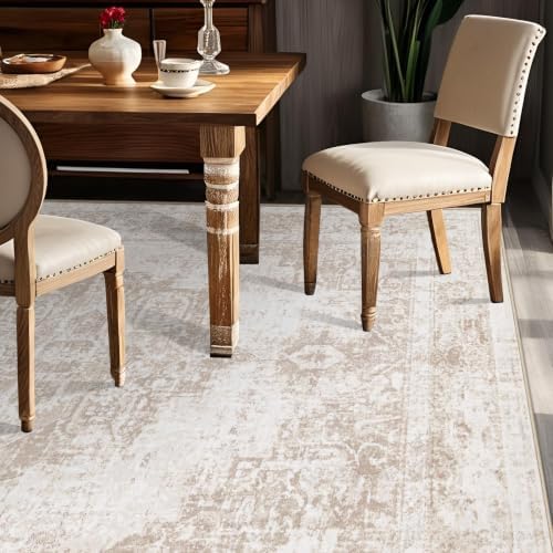 Area Rug 5x7 Vintage Rug: Washable Indoor Medallion Rugs Low Pile Distressed Floor Carpet Retro Accent Rug for Living Room Bedroom Kitchen Dining Table Home Office(Beige, 5'x7') - Image 3