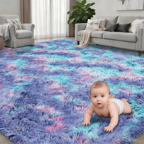 Area Rug Living Room Bedroom: 5x7 Fluffy Plush Shag Carpet Rainbow - Image 2