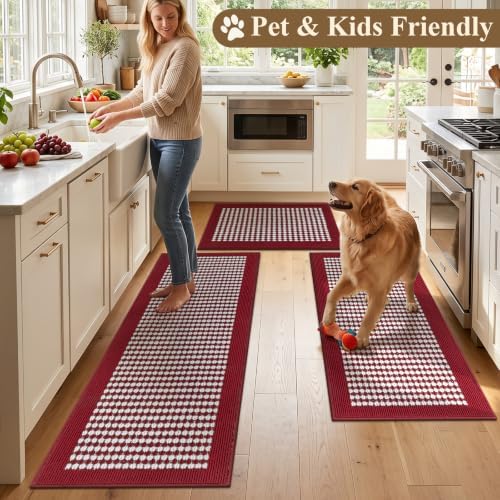 Ileading Christmas Kitchen Rugs Set of 3 Piece Washable Red Xmas Runner Rug - Image 5