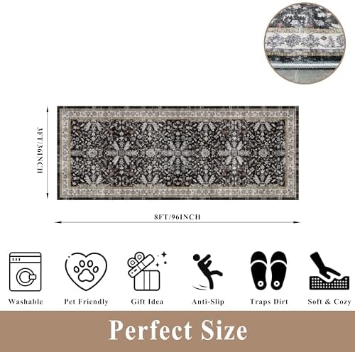 3x8 Hallway Runner Rug Washable Non-Slip – Boho Floral Soft Wide Carpet Runner for Kitchen Entryway Bathroom Bedroom – Low-Pile Thin Floor Mat with Rubber Backing (Black,3x8) - Image 2