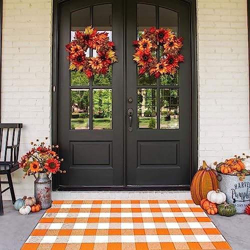 Fall Outdoor Rug Orange Buffalo Plaid Outdoor Rug Cotton Hand-Woven Buffalo Check Rug Layered Doormats for Front Door/Front Porch/Farmhouse/Entryway/Patio(Orange and White Plaid, 3' x 5') by CAINANEL