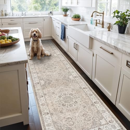 Hallway Washable Runner Rug - 2x10 Kitchen Rugs Entryway Rug Runner Vintage Soft Floor Mat Non Slip Indoor Farmhouse Carpet for Bathroom Living Room Bedroom (2 X 10, Beige) by HYHAOYUNLAI
