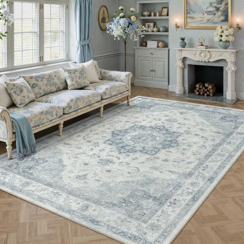 PureCozy Blue 8x10 Washable Area Rug Living Room Vintage Oriental Carpet - Image 2