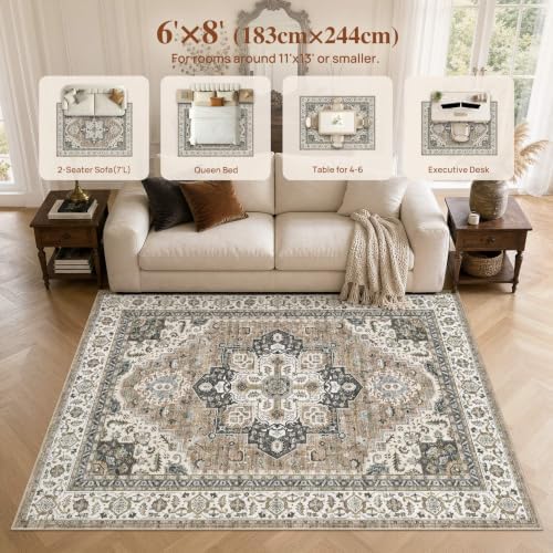 UERMEI 6x8 Area Rug for Living Room Washable Vintage Non Slip Brown Carpet - Image 7
