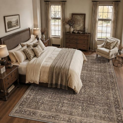 JOOJA 8x10 Dark Brown Vintage Soft Low Pile Non Slip Boho Washable Area Rug - Image 3