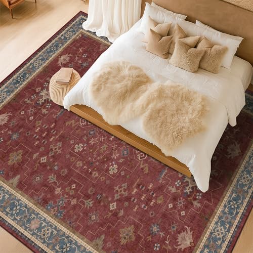 Hazo Haus Oriental 7x10 Large Area Rugs for Bedroom Under Bed - Burgundy Rug for Living Room, Dining Room Under Kitchen Table, Washable Soft Non Slip Boho Indoor Décor by HazoHaus