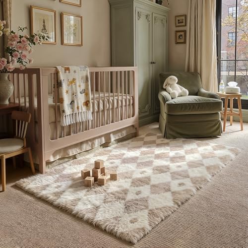PureCozy Beige 4x6 Area Rug for Kids Room Soft Fluffy Checkered Shag Carpet by PureCozy
