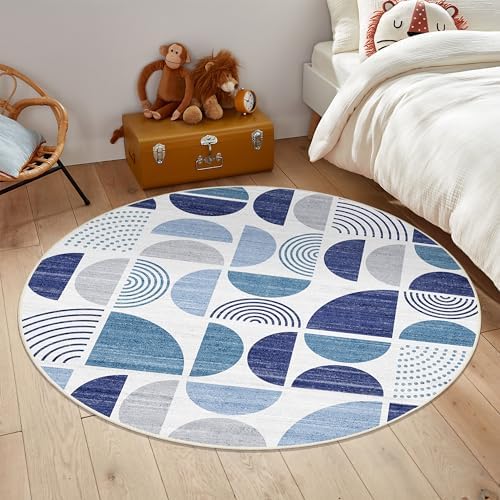 MUJOO Round Rugs 5ft,Circle Area Rug Washable Non Slip Modern Abstract - Image 7