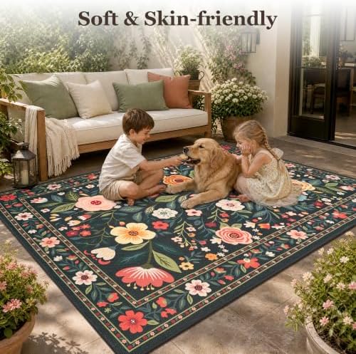 PADOOR Outdoor Rug 4x6 ft, Floral Washable Indoor Outdoor Area Rug, Flat‑Woven with Quick Dry Patio Carpet, Fade & Shed Resistant, Non‑Slip for Patio, Balcony, Porch, Deck, Entryway, Charcoal Grey - Image 6