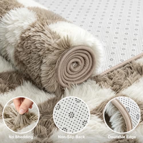 Checkered Area Rugs for Living Room 6x9, Fluffy Beige and White Checkered Rug Fuzzy Shag Shaggy Carpets for Bedroom, Soft Plush Furry Rug for Teen Room Dorm Home Decor - Image 4