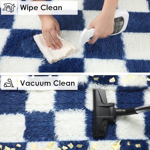 KICMOR Navy Blue and Cream White Rugs for Living Room, 4x6 Fluffy Fuzzy Shag Checkered Rug Shaggy Carpet for Bedroom, Soft Plush Area Rug for Nursery Toddler Room Classroom Study Room Kids Room - Image 4