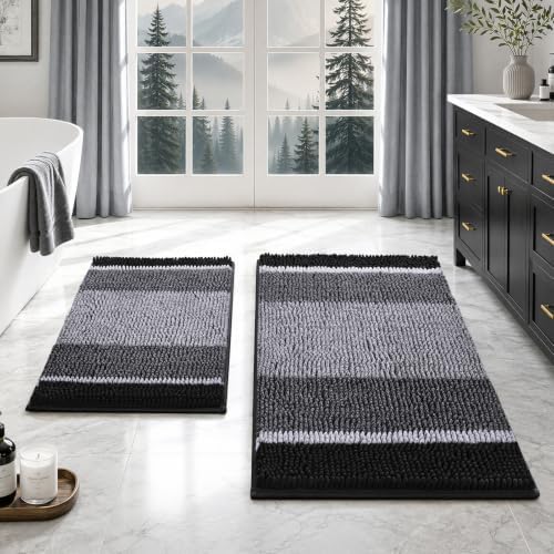 HOMEIDEAS Black Bathroom Rugs Sets 2 Piece Chenille, 20"x32"+17"x24" by HOMEIDEAS