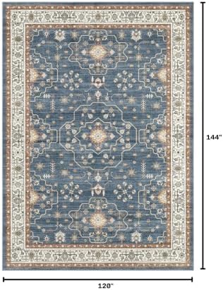 10x12 Area Rug for Living Room- Machine Washable Soft Oriental Vintage Large Indoor Floor Carpet for Bedroom Under Dining Table Home Office Decor - Dark Blue - Image 2
