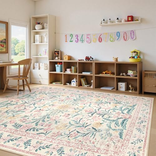 Lahome 9x12 Pink Kids Girl Rugs for Bedroom, Boho Washable Floral Area Rug - Image 3