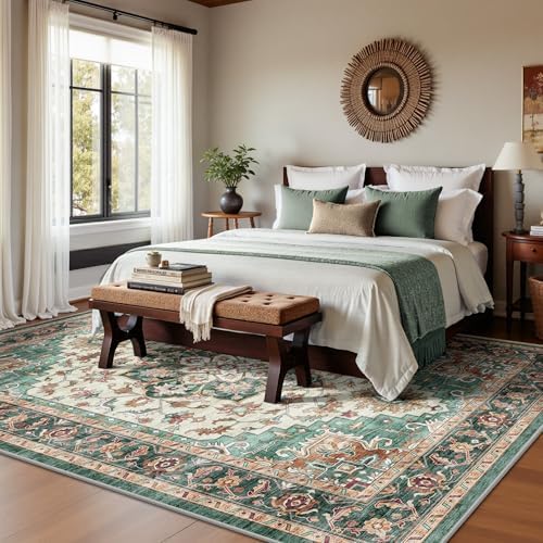 6x9 Area Rugs - Washable Rug Vintage Distress Boho Medallion Rugs for Living Room, Soft Non-Slip Backing Low Pile Carpet for Bedroom Dining Room Office Nursery Dorm Home, Green Brown - Image 3
