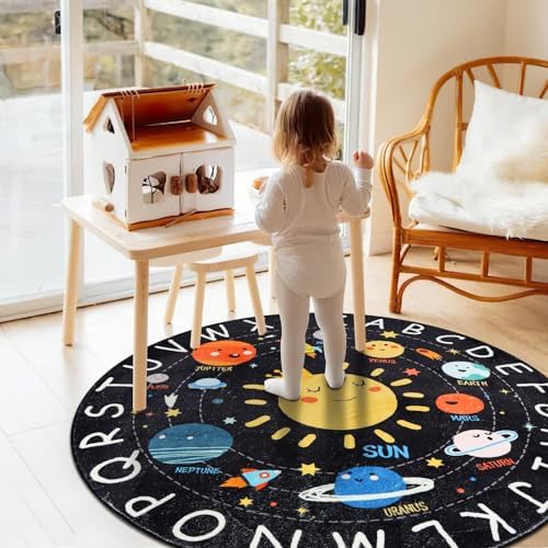 Round ABC Kids Rug,5.2 Ft Soft Circle Alphabet Playroom Rug,Washable Non-Slip Solar System Kid Play Mat,Space Educational Rugs Kids Carpet for Classroom Playroom Bedroom Kids Room Decor(for Age 2+) - Image 6