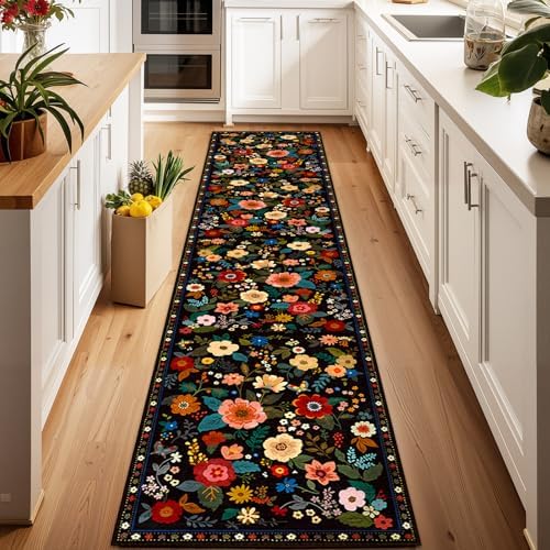 Floral Washable 2x10 Area Rugs Runner Entryway Hallway Black by RELEANY
