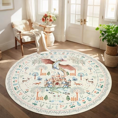 nesrt Washable Dragon Area Rugs for Living Room 6Ft Round, Beige Soft Modern Bedroom Rugs Non Slip, Thin Animal Print Forest Dining Room Floor Carpets for Kids Nursey Playroom Home Office Decor by nesrt