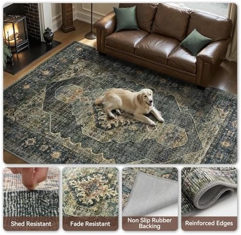 Engiw Olive Green 8x10 Area Rugs for Living Room Bedroom Rug Washable Vintage Neutral Farmhouse Rug Carpet Dining Room Rugs Office Retro Oriental Easy Clean Non Slip Large - Image 5