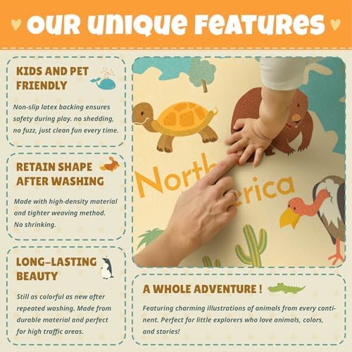 Huge Kids Rugs for Playroom Décor - 9x12 Boho Pastel Classroom Décor for Children, Washable Ultra Soft World Map Carpet with Blue Ocean, Continents & Cute Animals - Image 7
