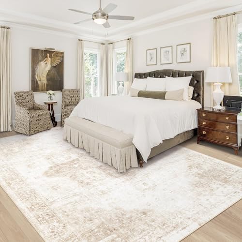 Area Rug 9x12 Washable Rug, Vintage Boho Medallion Rugs Non-Slip Soft Low Pile Large Distressed Rug Indoor Retro Carpet for Living Room Bedroom Dining Room Home Office (Beige, 9'x12') - Image 2