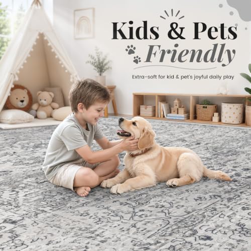 Zomfy 8x10 Area Rugs Washable Rug: Boho Vintage Rug Large Non-Slip Soft Rugs for Living Room Low Pile Retro Medallion Indoor Carpet for Bedroom Nursery Dining Room Dorm Farmhouse Office(Grey, 8'x10') - Image 5