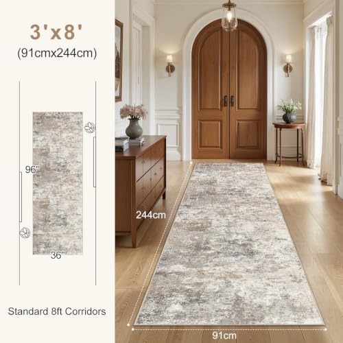 UERMEI 3x8 Washable Runner Rug for Hallway, Non Slip Low Pile Kitchen Carpet, Neutral Modern Abstract Indoor Floor Mat for Entryway Laundry, Kid & Pet Safe High Traffic Area, Brown Grey - Image 3