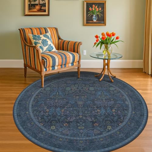 Washable 6ft Round Living Room Rug, Thin Circle Rug for Dining Room Under Table Non Slip, Floral Carpet Boho Décor Bedroom (Dark Blue) by Evyhood