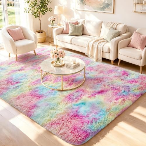 Ophanie 5x7 Rainbow Rug for Bedroom Girls,Unicorn Colorful Fluffy Soft Cute Fuzzy Area Rugs,Shag Plush Shaggy Bedside Floor Furry Carpet for Kids Baby Teen Dorm Home Decor with Over 99 pcs Pile fibers by Ophanie