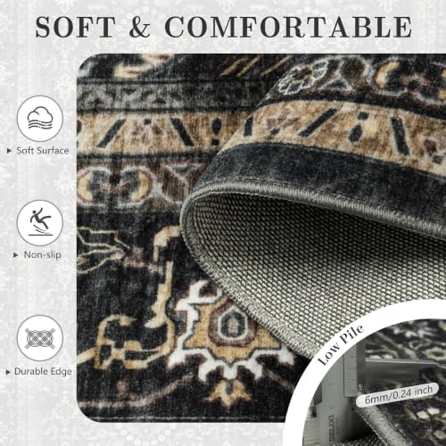 8x10 Area Rugs for Living Room - Washable Vintage Retro Large Rug, Soft Ultra Thin Non Slip Low Pile Traditional Distressed Boho Carpet for Bedroom Dining Room Home Office, Black & Gold - Image 7