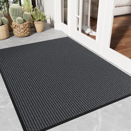 Front Door Mat Outside Entrance, 3' x 4' Low Profile Non-Slip Welcome Mat, Heavy Duty Dirt Trapper Dog Door Mats for Wet Shoes & Paws, Absorbent Commercial Floor Mat for Entryway Patios, Grey by EZ2LIVE