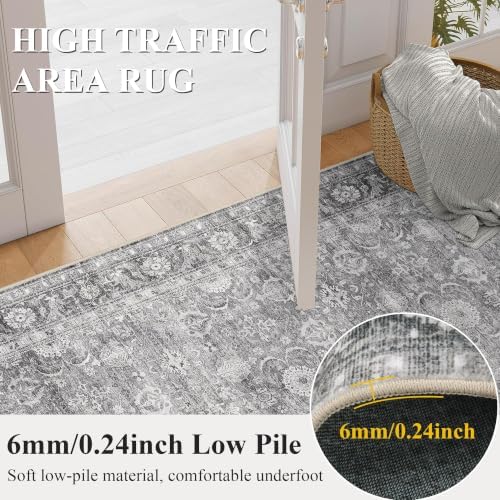 JOOJA 6x9 Grey Vintage Boho Washable Area Rug, Soft Low Pile Floor Carpet - Image 4