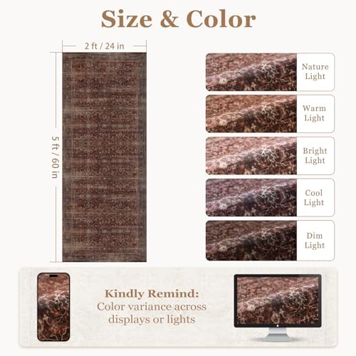 Vintage Brick Red 2x5 Rug Runners for Hallways, Non Slip Washable Kitchen Bathroom Runner, Low Pile Thin Print Carpet for Entryway/Foyer/Laundry Room, Distressed Farmhouse Bedside Runners - Image 2