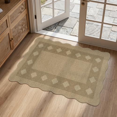 LIVEBOX Scalloped Easy Jute 2x3 Outdoor Rug, Front Door Mat Indoor Outdoor Entryway Rug, Small Washable Non Slip Kitchen Rugs, Tan Diamond Farmhouse Carpet Doormat for Porch Bathroom Doorway Foyer by LIVEBOX